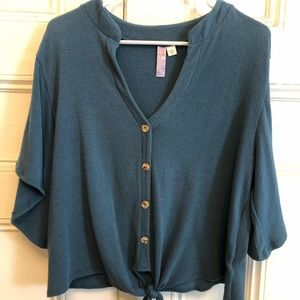 Teal blue button tie front shirt